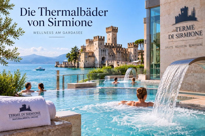 Thermalbäder von Sirmione am Gardasee mit Thermalbecken und Blick auf die Scaligerburg