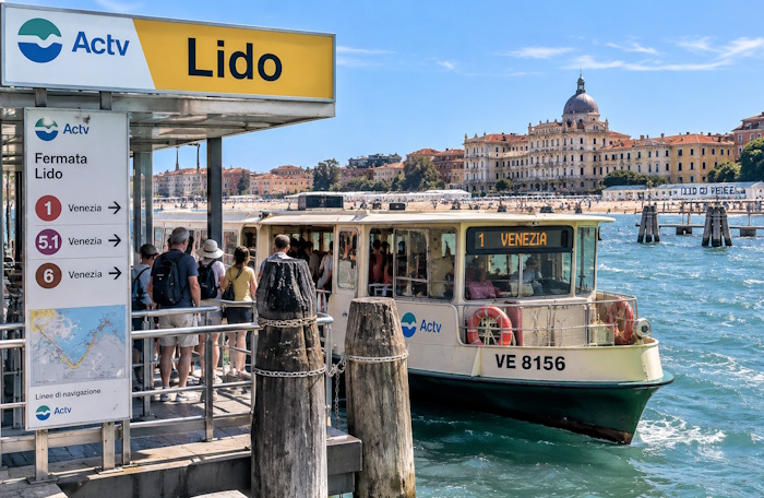 Vaporetto an der Haltestelle Lido di Venezia mit Blick auf die Lagune