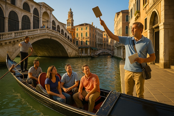 Ein Stadtführer holt Touristen an einer Gondel ab.