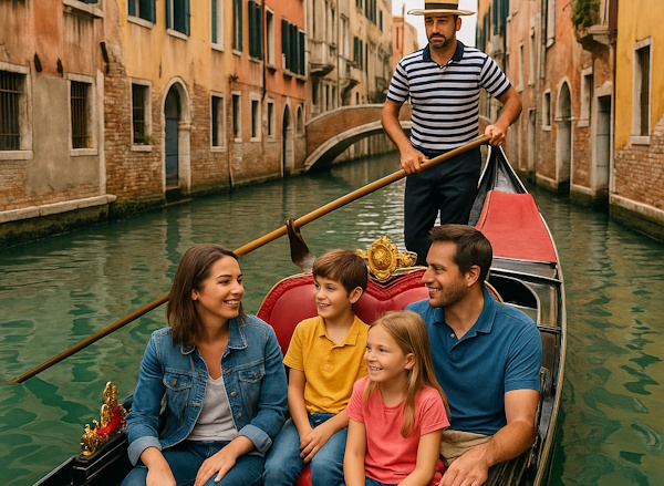 Gondel mit Fahrer und Touristen-Familie