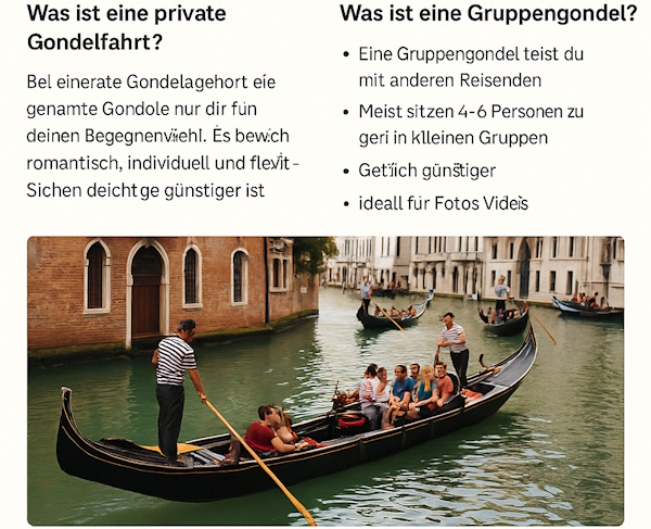 Vergleich verschiedener Angebote zu Gondelfahrten in Venedig - private Gondel oder mit anderen in Gruppe