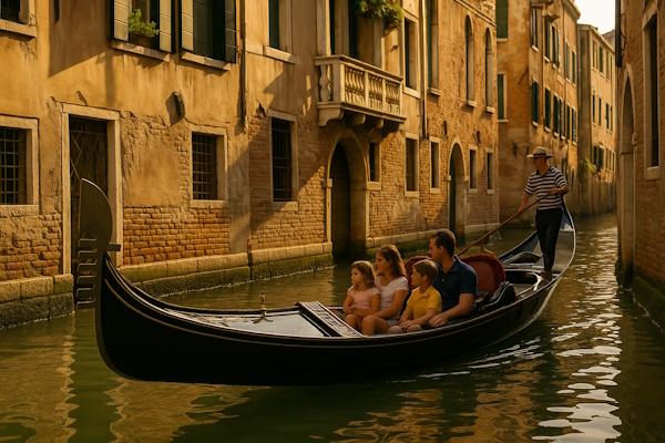 Gondeln mit Kinder (Damilie) in einem alten Kanal