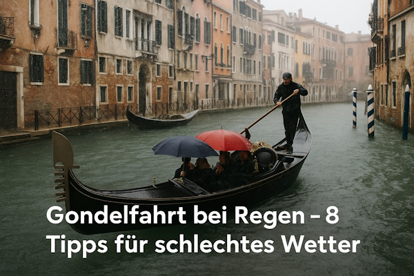 Gondel in Venedig mit Passagiere im Regen mit Regenschirme