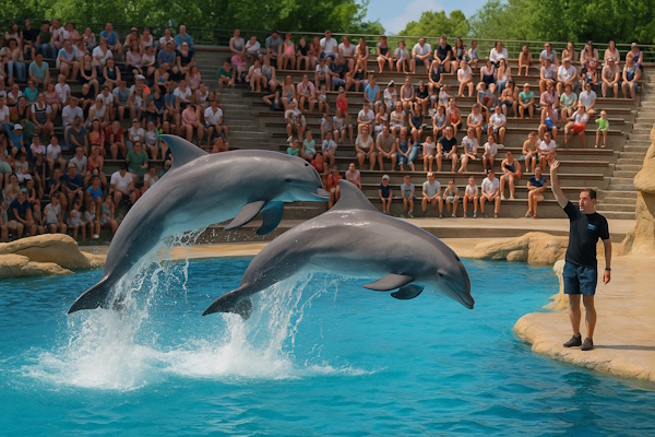 Springende Delfine während der Delfinshow im Oltremare