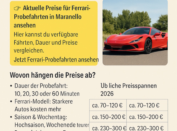 Kleine Tabelle mit Preise der Ferrari-Probefahrt in Maranello