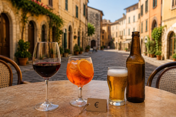 Tisch in Italien mit Bier, Wein und Spritz