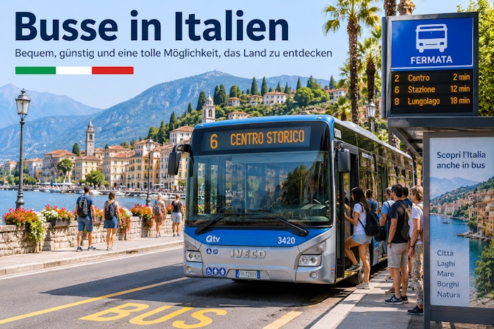 Busse in Italien: Öffentlicher Linienbus an einer Bushaltestelle in einer italienischen Stadt
