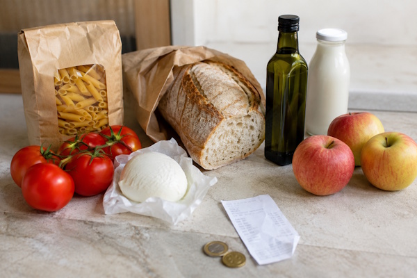 Lebensmittelpreise in Italien: Pasta, Brot, Tomaten, Mozzarella und Olivenöl auf einem Küchentisch