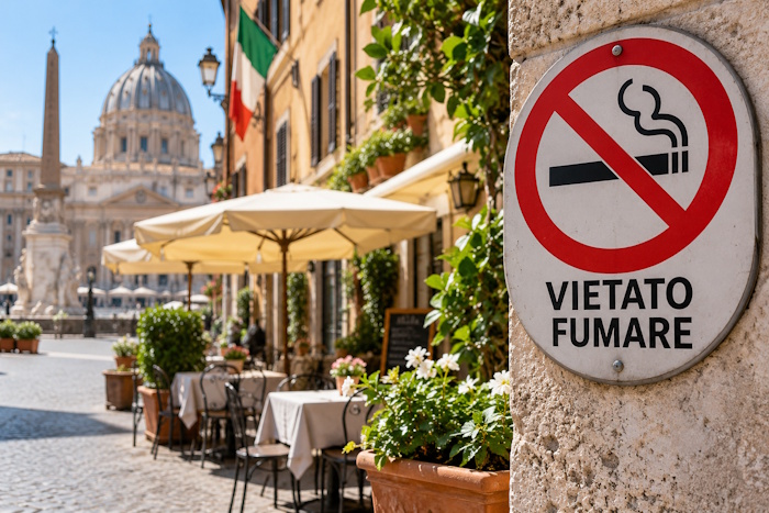 Rauchverbot in Italien: Nichtraucherschild vor einem Café in einer italienischen Stadt