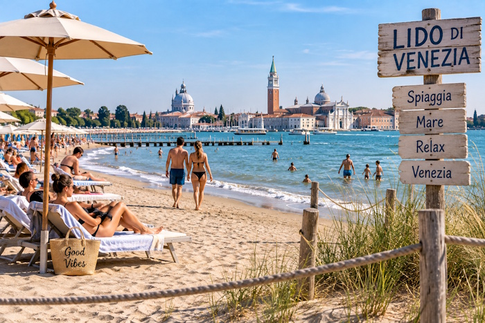 Strand bei Venedig: Sandstrand am Lido di Venezia mit Blick auf die Lagune
