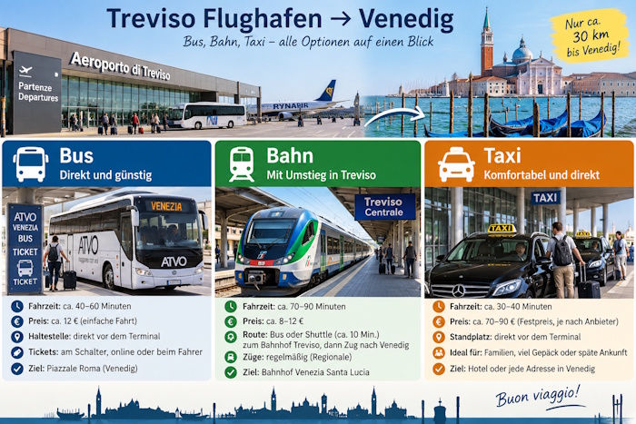Treviso Flughafen nach Venedig: Anreise mit Bus, Bahn oder Taxi