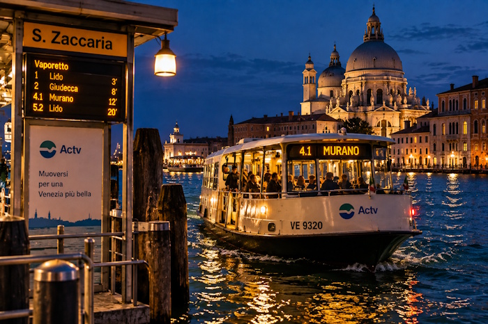 Vaporetto bei Nacht in Venedig mit beleuchteten Gebäuden und Lichtern auf dem Wasser